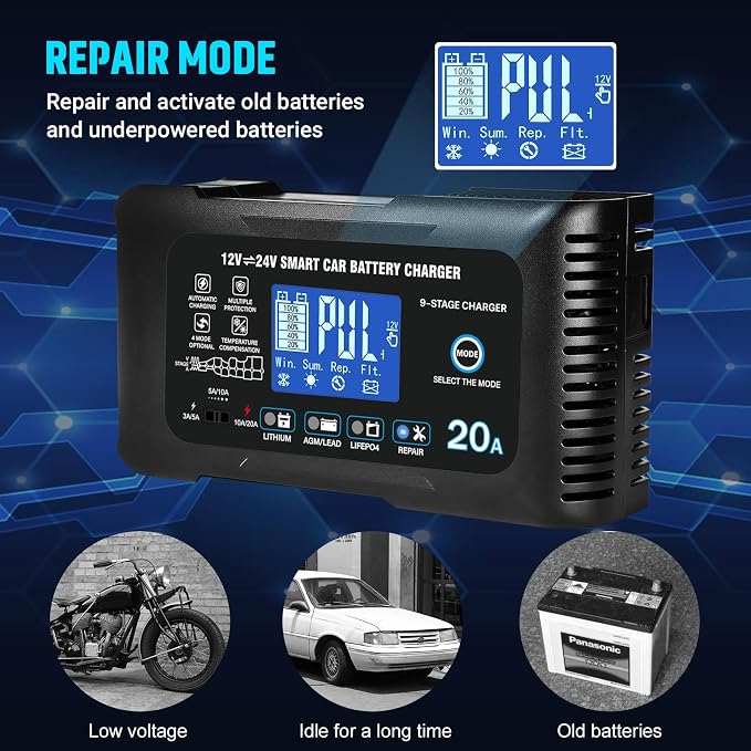 20Amp: 12/24V Smart Car Battery Charger – Automatic Maintainer, Trickle Charger & Desulfator with Overcharge Protection & Temperature Compensation – for Lead-Acid & Lithium & LiFePO4 Batteries