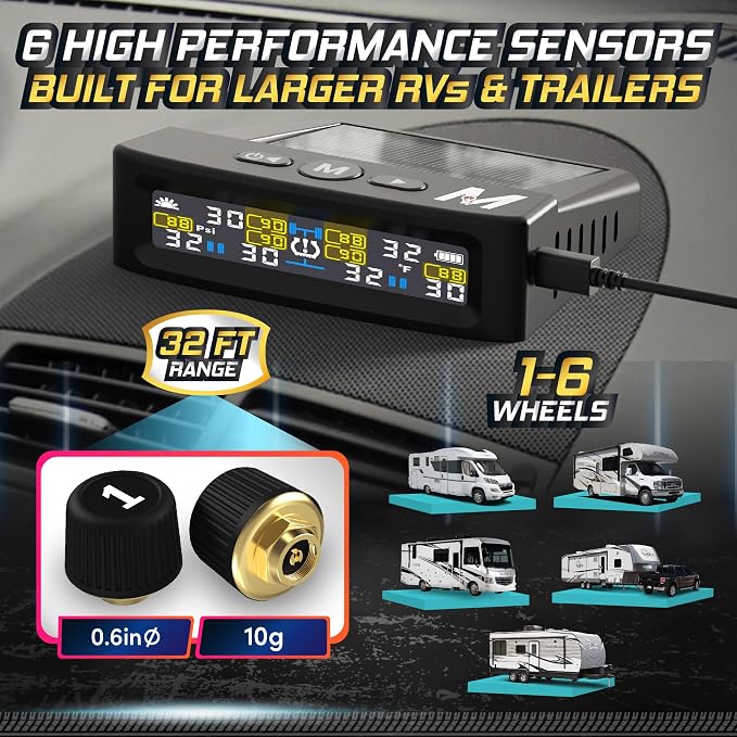 Marcala 2026 V2.0 Trailer Tire Pressure Monitoring System Set of 6 | 32-Foot Extended Range RV TPMS | 0-144 PSI for RV/Camper/Towing | Solar Charge & 6-Alarm Trailer TPMS | Prevent Flats & be Safer!