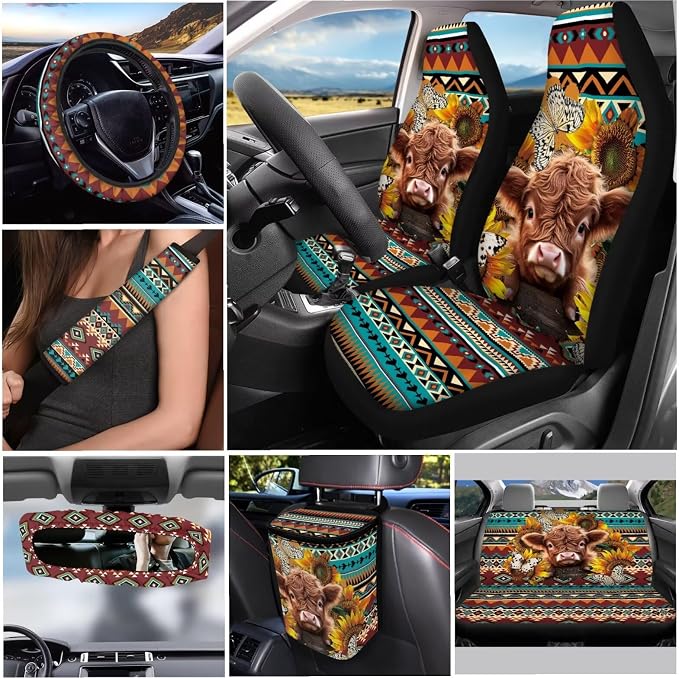 Aztec Highland Cow 12 Pieces Car Accessories Set Steering Wheel Cover Seat Belt Pads Car Trash Bin Rear View Mirror Cover Car Coasters Keychain Holder Keychains Fashion Auto Interior