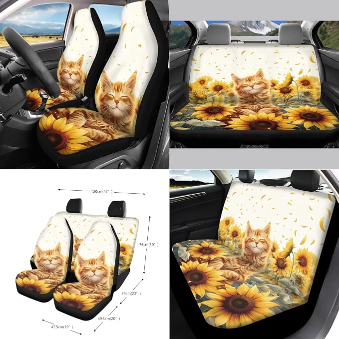 Cat Sunflower Print Car Seat Cover Full Set of 15 Seatbelt Strap Cover Garbage Cans Air Vent Storage Bag Coasters Rearview Mirror Covers Keychain Universal Fit