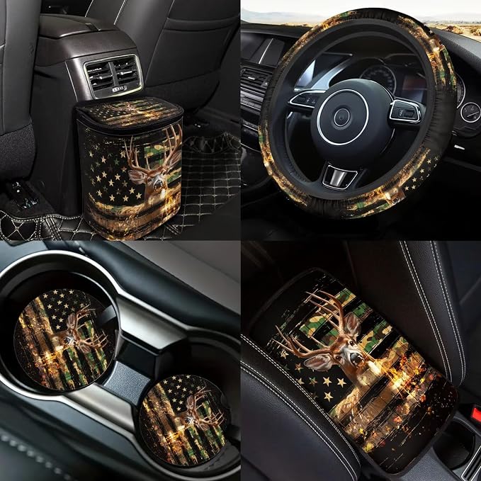American Flag Deer Car Seat Covers Full Set 18 Pieces Animal Deer Car Interior Accessories Set with Seat Belt Pads Cover Car Trash Can Cars Headrest Covers Rear View Mirror Cover