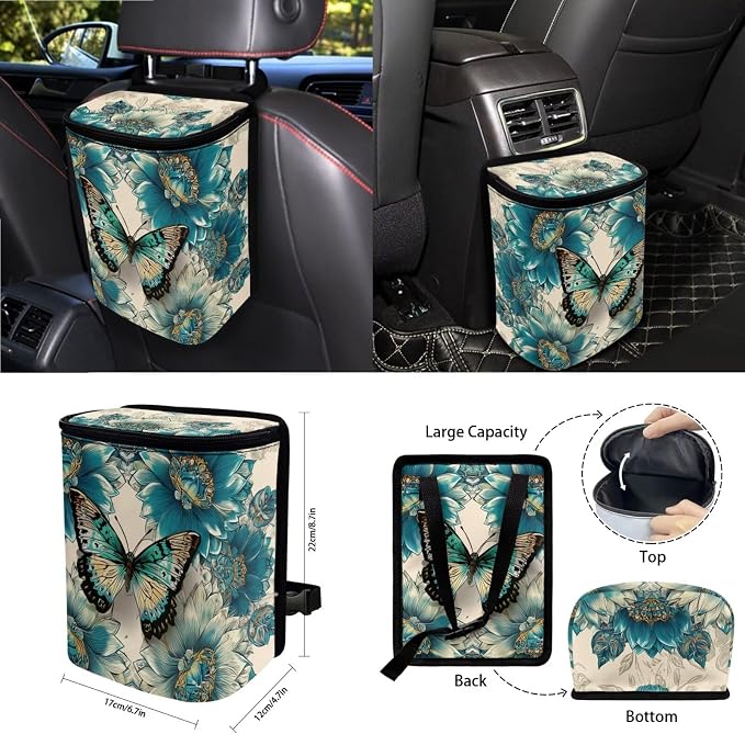 Butterfly Flower Print Auto Seat Covers Full Set for Women Dust-Proof Decorative Car Seat Cover for Front Back Seats with Steering Wheel Protector Safety Belt Pads etc