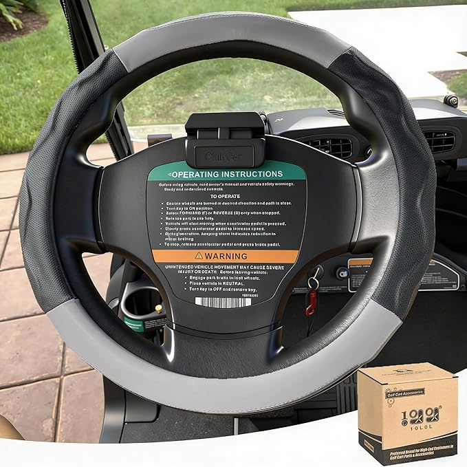 10L0L Golf Cart 14" Steering Wheel Cover for Club Car DS Precedent and Yamaha Models, Breathable Rubber Leather Materials,Good Texture Nice Look（Black+Grey）