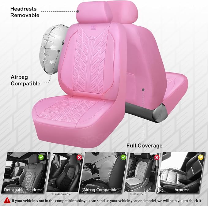 CAR PASS Waterproof Car Seat Covers Full Set,Neoprene Car Seat Covers 5 Seats,3D Tyre Embossed Pink Seat Covers All-Weather Non-Slip Durable Universal Fit Trucks,SUV,Airbag Compatible,All Pink