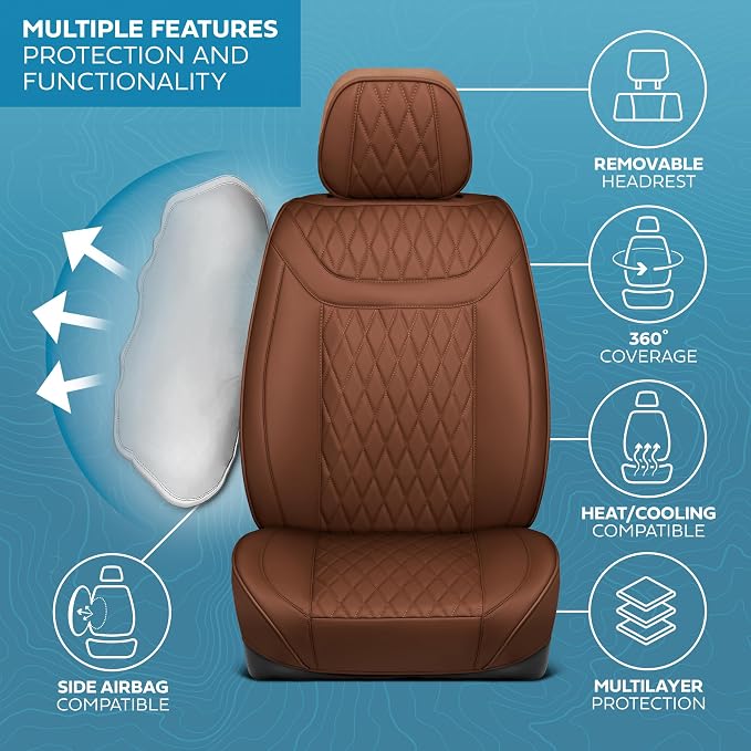 MotorBox Creekstone Series – PU Leather Seat Covers for Cars, Creekstone Series Cross-Stitch Edition Front Seat Covers, Diamond Stitched PU Leatherette Brown Car Seat Covers for Cars Trucks SUVs