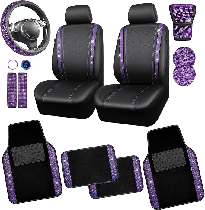 CAR PASS Diamond Bling Leather Seat Covers Set Car Floor Mats Glitter Rhinestone Steering Wheel and Car Interior Accessory Set for Women Purple Violet