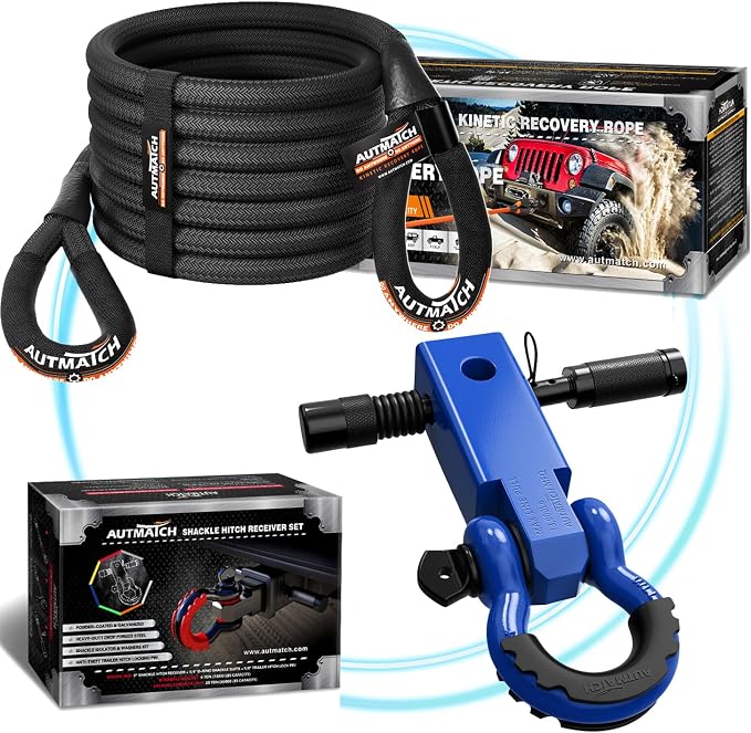 AUTMATCH Kinetic Recovery Tow Rope 7/8" x 30FT with Shackle Hitch Receiver 2 Inch, Heavy Duty Offroad Snatch Strap 35000Lbs for 4x4 Off-Road Vehicle, Truck, Trailer, ATV, UTV, Blue