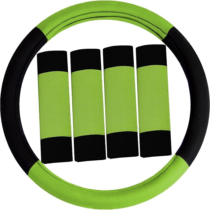 FH Group Automotive Seat Covers Unique Flat Cloth Green Full Set, Combo Steering Wheel Cover and Seat Belt Pads Rear Solid Bench Universal Fit for Vans Cars Trucks and SUV Interior Accessories