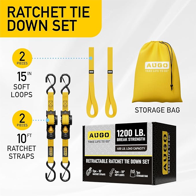 AUGO Retractable Ratchet Straps | 2 Heavy Duty Ratchet Straps Self Retractable Tie Downs with Soft Loops & Storage Bag for Motorcycle, Truck, Trailer, Cargo Van | 1200 Lb Break Strength 1” x 10’
