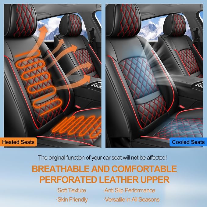 Fit Fusion Car Seat Covers for Ford Fusion 2007-2020 - Luxury Leather, Anti-Slip, All-Weather, Waterproof & Breathable, Airbag Compatible, 2 Front Seats Only (Black&Red)