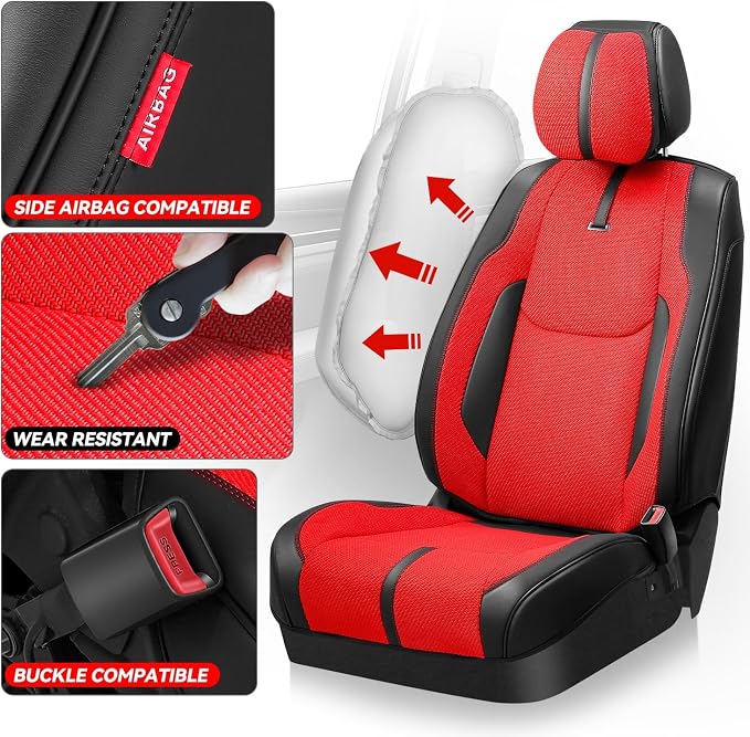 Auto Dynasty Car Seat Covers Front Pair, Automotive Seat Covers for Cars Breathable Waterproof, Universal Anti-Slip Car Interior Protectors Compatible Airbag Fit Most Cars, Red, Drive Series