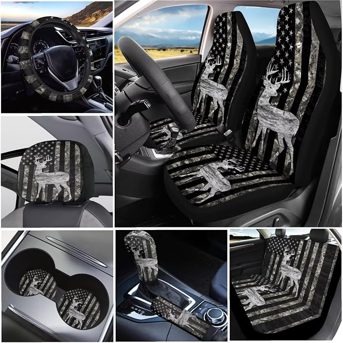 KEIAHUAN 11 Pcs Car Seat Covers Full Set for Men American Flag Deer Camo Hunting with Handbrake and Gear Shift Knob Cover,Headrest Cover, Coasters,Non-Slip Car Steering Wheel Cover,Coasters