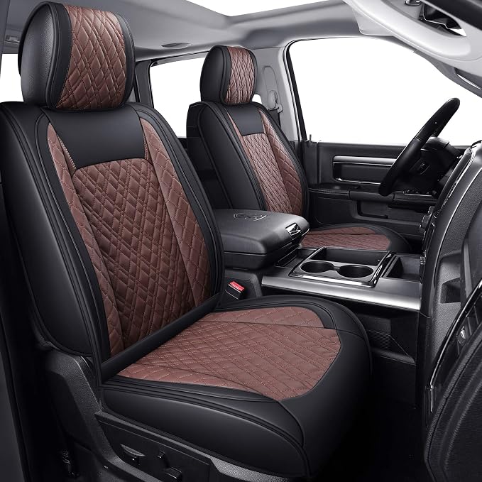 YIERTAI Car Seat Covers for Dodge Ram Fit 2009-2026 1500 2010-2026 2500 3500 Classic Bighorn Longhorn Laramie Tradesman Truck Brown Front