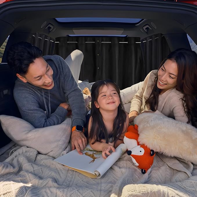 ZATOOTO Car Window Shades with Rods Set of 3, Car Shades for Back Windows Baby & Privacy Blackout Car Divider Curtain Opaque Suede Totally Blackout Length Adjustable for Most Car SUV Truck Van MPV