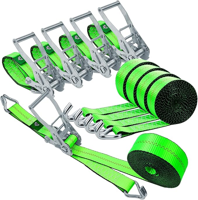 2"x20' Ratchet Straps with J Hooks - 10,000lb Break Strength/ 3,333lb Load Capacity Ratchet Tie Down Strap - Ratchet Straps Heavy Duty - Cargo Straps for Truck, Lawn Equipment, Car Roof, 4 Pack(Green)