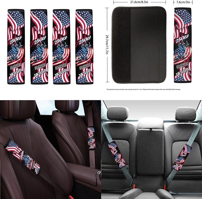 American Flag Print Car Seat Cover Full Set 250 Years Theme Bucket Seat Covers for Car Front Back Seats with Headrest Covers Steering Wheel Cover Safety Belt Pads Cup Coasters