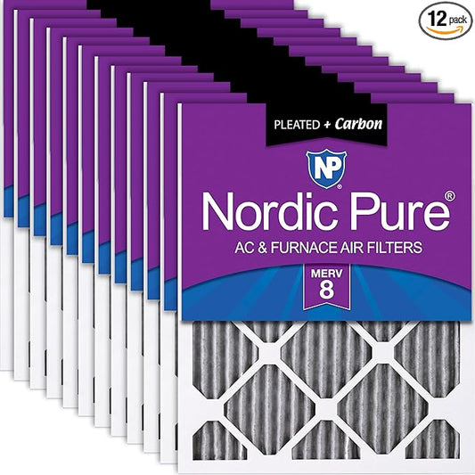 Nordic Pure 10x20x1 (Actual Size: 9 1/2 x 19 1/2 x 3/4) Furnace Air Filters MERV 8 Pleated Plus Carbon 12 Pack