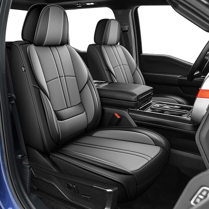 for Ford F150 Seat Covers 2009-2024 2025 2026 | F250 F350 F450 2017-2025 2026 Seat Covers Super Duty, Leather Waterproof, Custom Fit for Ford(2 Front Set, Black & Grey)