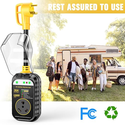 GEARGO RV Surge Protectors 30 Amp, 12000 Joules RV Circuit Analyzer, IP68 Surge Voltage Protection, RV Adapter Plug for Camper (Yellow)