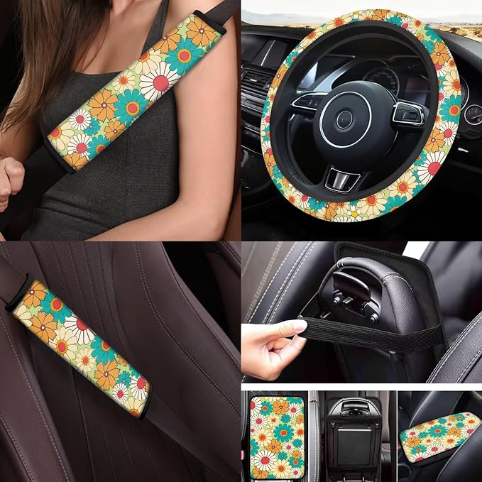 Colorful Daisy Car Accessories Set 17 Pack,Rose Car Seat Covers Full Set with Front and Rear,Car Floor Protector Pads,Steering Wheel Covers,Seat Belt Cover,Lipstick Holder Keychain