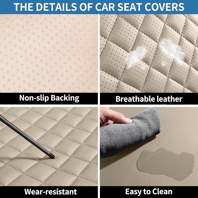 Beige Leather Car Seat Covers Full Set Breathable Seat Protectors Waterproof Automotive Seat Covers Universal Fit for Most Cars SUVs Trucks Vehicles