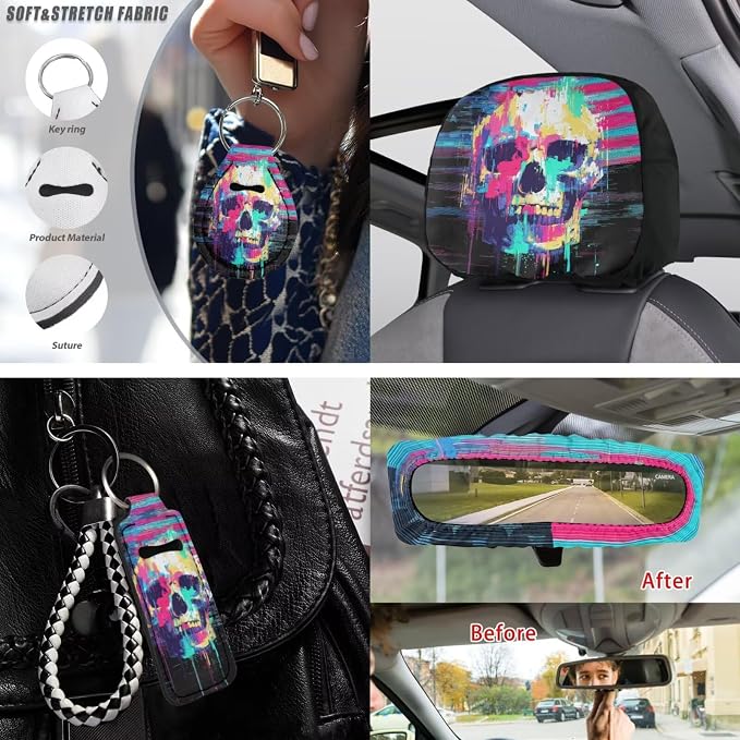 Skull Print Seat Cover Full Set for Cars American Flag Print Front and Rear Split Bench Seat Covers+Steering Wheel Cover+Seatbelt Pads+Headrest Covers+Center Console Pad for SUV Truck etc