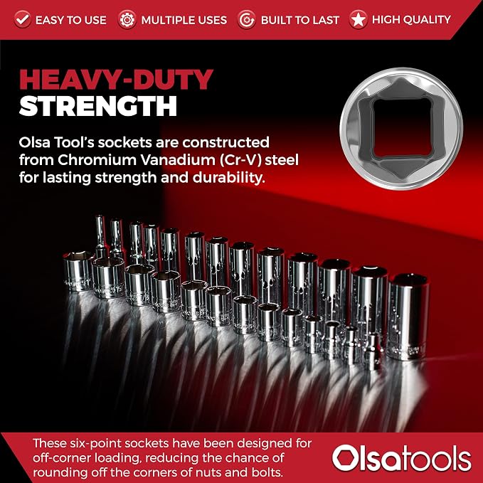Olsa Tools SAE Deep Socket Set - 1/4-Inch Drive, 13pc - 6-Point Chrome Sockets from 1/8" to 5/8" and No Skipped Sizes - Mechanic Deep SAE Socket Set - Professional Grade Long Sockets - Part: 1329