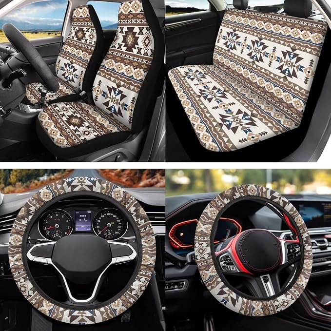Fashion Aztec Car Seat Covers Sets 12 Pieces Center Console Cover Car Steering Wheel Cover Seat Belt Pads Car Interior Accessories Universal Fit for Cars SUV