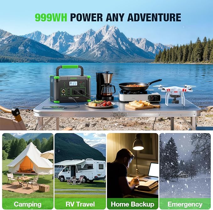 Solar Generator 1000W（2000W Peak）Portable Power Station, 110V Pure Sine Wave AC Outlets, 60W USB-C PD Fast Charging, 10 Ports for RV Trip,Camping,Home Emergency