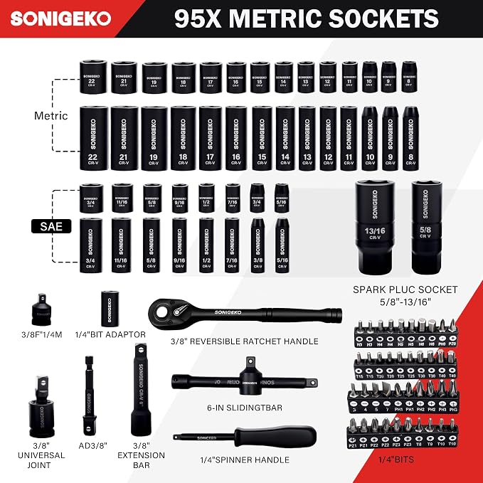 95-Piece 3/8" Drive Impact Socket Set, 6-Point Deep & Standard SAE/Metric CR-V Sockets with Ratchet Handle & Security Bits