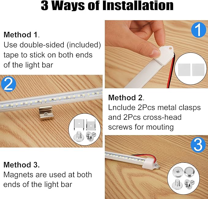 Rifachua Car 12V Interior LED Light Bar 48 LEDs Strip Lights with Switch and Magnets 6500K White Light for Car Van RV Cabinet Showcase Indoor Room Home 4 PCS Extendable