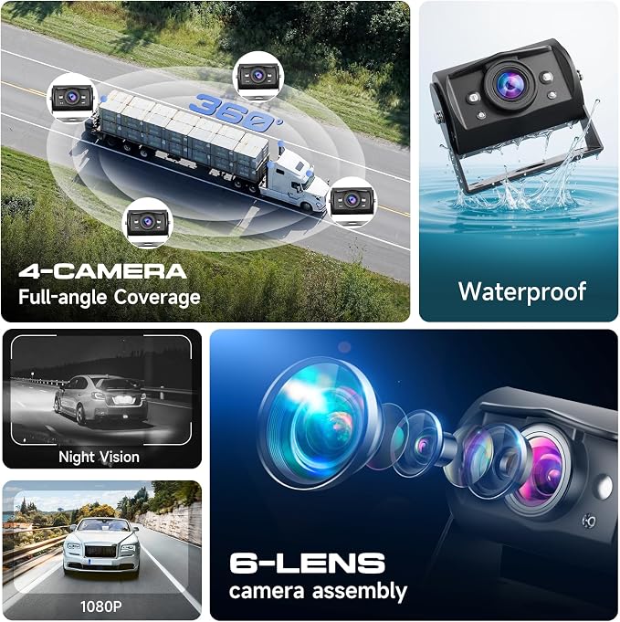 4 Channel 9 inch IPS Backup Camera System with Monitor for Tracks,RVs,Tractors, Bus, CementTruck, HD 1080P Wired Reverse Camera Waterproof Night Vision 4 Cameras Support Recording, Plug and Play