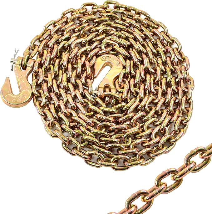 Heavy Duty G80 Transport Binder Chain 1/4'' Inch x 12 Feet,Tow Chain with G70 Clevis Grab Hooks,3300 lbs Safe Working Load Logging for Transporting, Towing(1/4'' x 12FT Yellow).
