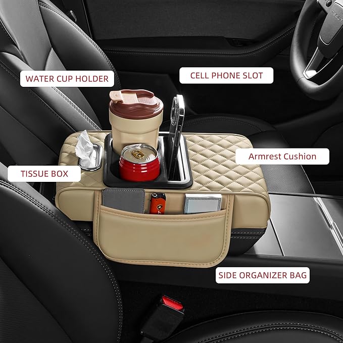 5 in 1 Nappa Leather Console Armrest Cover, Beige | Built-in cup holder, tissue slot, phone holder & 2 storage pockets, practical car accessories fit SUV sedan truck