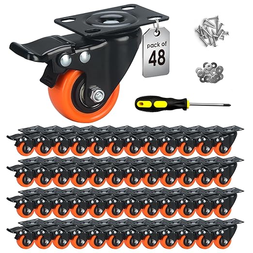 2" Caster Wheels Set of 48, Heavy Duty with Brake | No Noise, Locking, Polyurethane (PU) Wheels, Swivel Plate, Orange, Pack of 48