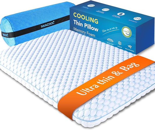 Stomach Sleeping Pillow for Stomach & Back Sleepers,Cooling Gel Thin Memory Foam Pillows for Back Shoulder Neck Pain Relief - Low Profile Ultra Flat Soft Pillow Cases with Zipper 2.25-Inches