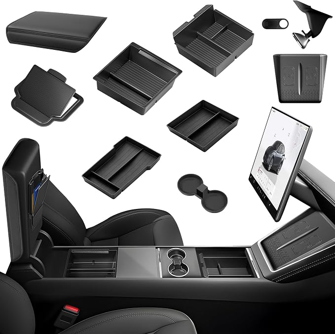 11PCS Center Console Organizer for Tesla New Model 3 Highland Under Center Armrest Storage Armrest Cover Hidden Storage Charger Pad for Tesla Model 3 Accessories 2024-2026 Black