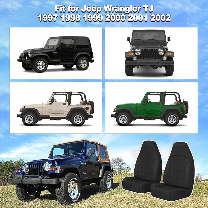 Custom Seat Covers for Jeep Wrangler TJ 1997 1998 1999 2000 2001 2002 Heavy Duty Cloth Protector Interior Accessories，Waterproof & Machine Washable, Foam Padded - Black（Front）