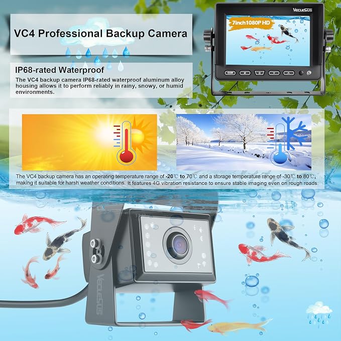Backup camere System for Truck,VECLESUS V5M 5” 1080P Backup Camera System, 3-Channel Video Input with Reversing Delay & Night Vision, Waterproof Rear View Kit for Trucks/Buses/Vans