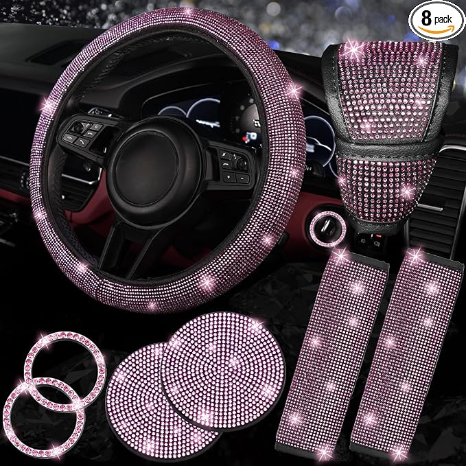 NBTEPEM 8 pcs Pink Bling Car Accessories Set for Women, Steering Wheel Cover, Sparkly Seat Belt Covers, Bling Gear Shift Cover, Universal Fit Most Cars (Pink Diamond)