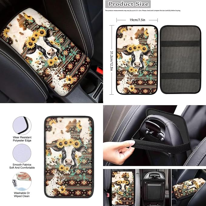 12pcs Cow Western Sunflower Auto Interior Set Cow Car Seat Cover+Coaster+ Keychain+Coaster+15 Inch Horse Auto Steering Wheel Cover+Seatbelt Pad for Men Women Car Decor Accessory