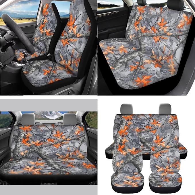 Camo Maple Leaf Car Seat Covers Full Set for Women Flower Car Accessories Set 15 Pcs Car Steering Wheel Cover Seat Belt Pad Trash Can Coasters Car Headrest Pillow Covers Armrest Pad
