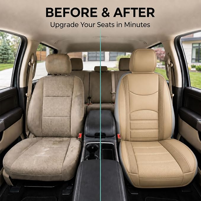 FH Group Front Set Faux Leather Car Seat Cushions for Low Back Seat, Universal Fit, Airbag Compatible Seat Cover for SUV, Sedan, Beige Tan