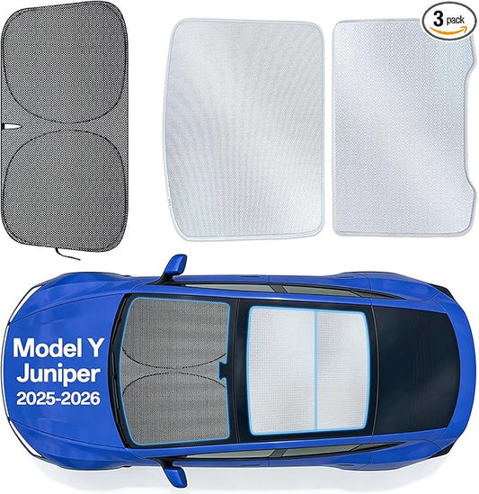 3PCS Windshield & Roof Sunshade Set for Tesla New Model Y Juniper 2025-2026, Foldable Sun Shade, Custom Fit Window Shade, Split Design No-Sag Sunshade Roof, Interior UV Protection & Heat Insulation
