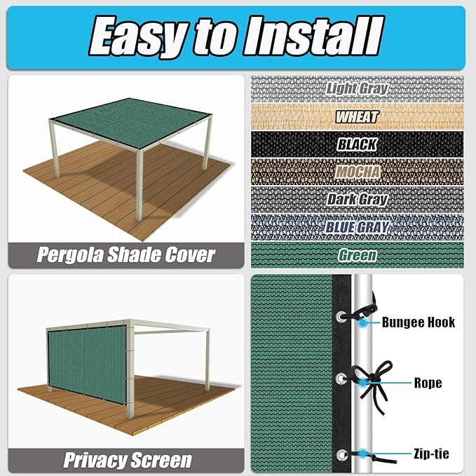 Amagenix 90% Sun Shade Cloth with Grommets, 8' x 8' Pergola Replacement Shade Cover Canopy Privacy Screen for Outdoor Patio Garden, Green (We Customized)