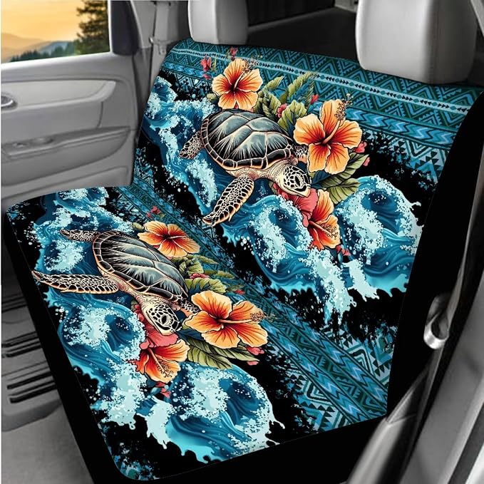 BIGCARJOB Floral Sea Turtle Print Car Seat Covers - Full Set with Rear & Front Seat Protectors, Headrest Covers, Trash Can - 15 Pack