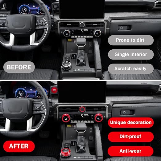 Knob Covers for Toyota Tacoma Accessories 2024 2025 2026 8" or 14" Touchscreen Air Conditioner Engine Start Stop Button Ring Drive Mode Switch Audio Center Console Button Knob Cover 7 Pcs (Red)