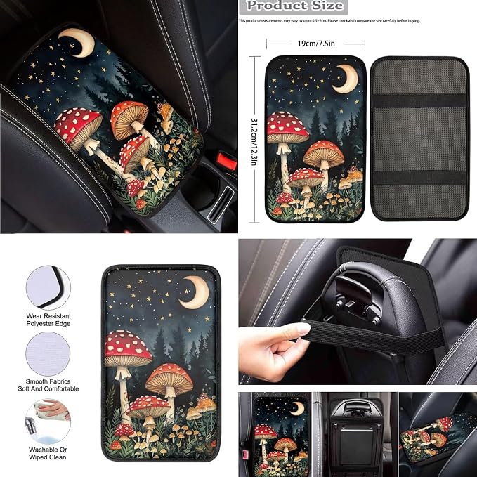 8 Pcs Moon Mushroom Car Seat Covers Full Set Car Accessories for Women Front Seat Cover Steering Wheel Armrest Cover Seat Belt Cover for Auto SUV Interior Decoration