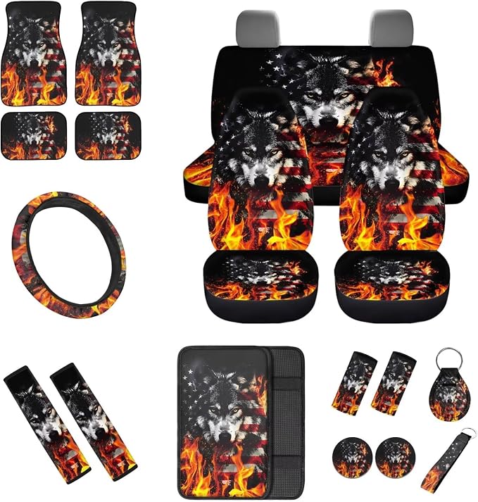 USA Flag Flame Wolf Car Interior Accessories Set of 18, Car Seat Covers Full Set with Floor Mats Steering Wheel Cover Shoulder Pads Roof Gloves Armrest Pad Cover Cup Coaster Keychains
