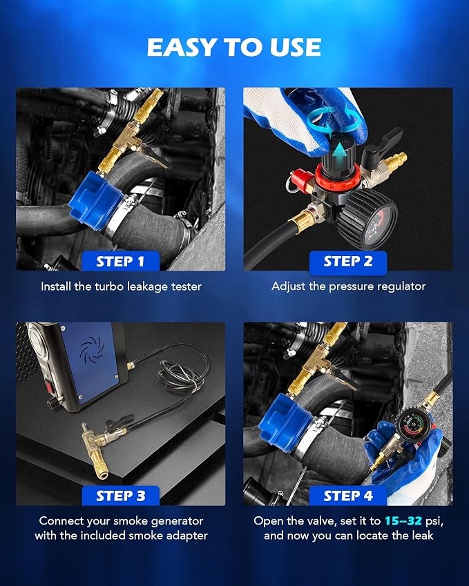 Orion Motor Tech Turbo Boost Leak Tester Set, Turbo System Leakage Tester Kit with Smoke Adapter 6 Pairs of Stepped Adapters 1.2" to 3.5", Turbo Pressure Leak Tester for Cooling Emission Exhaust Pipes